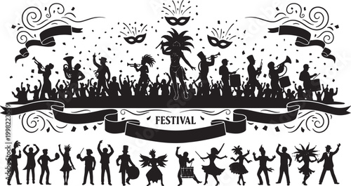 Black and white vector silhouette illustration of a festive carnival parade with dancers musicians masks confetti and a cheering crowd