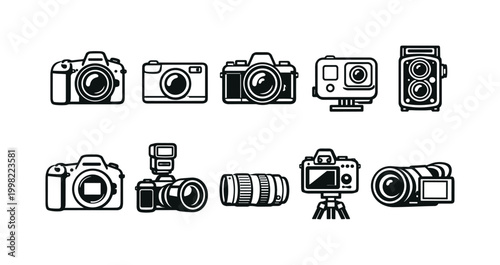 Collection of diverse camera icons and photography equipment on a white background
