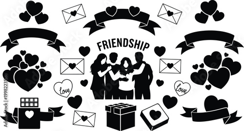 Black and white vector silhouettes featuring friends hearts envelopes ribbons and gift boxes for friendship day and romantic celebration designs.