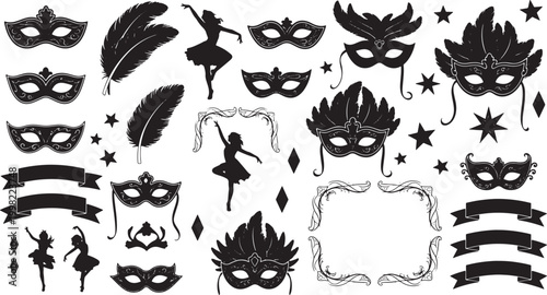 Collection of masquerade mask silhouettes with feathers ballerinas stars ribbons and ornate frames for carnival party invitation design elements