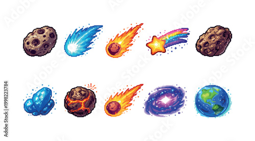Pixel art collection of celestial bodies and space phenomena