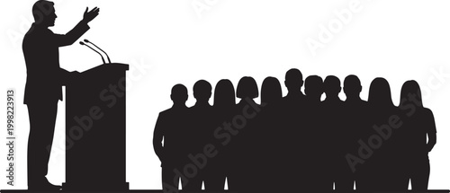 Silhouette vector illustration of a professional speaker at a podium giving a presentation to a diverse seated audience