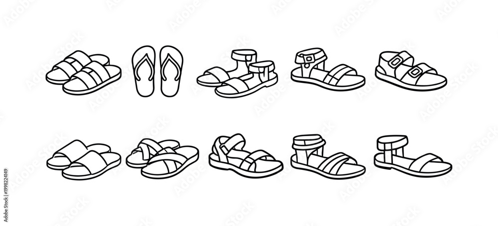 Obraz premium Collection of simple line art drawings of various summer sandals and flip-flops
