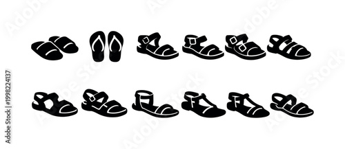 Collection of black sandal and slipper icons on a white background
