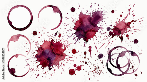 Collection of red wine stains, glass ring marks and artistic watercolor splatters with ink drips on a white background, Represents creative menu design and provides authentic texture