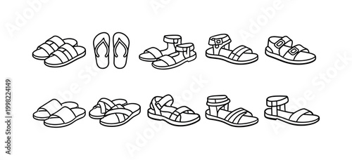 Collection of simple line art drawings of various summer sandals and flip-flops