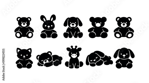 Collection of cute black silhouette toy animals on a white background