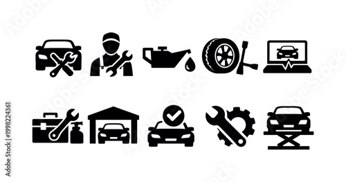 Set of car repair and maintenance icons with tools and service symbols