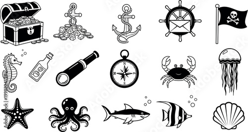 Nautical and pirate treasure chest, anchor, compass, shark, seahorse, and flag coins gems rope