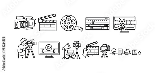 Collection of line art icons representing filmmaking and video production elements