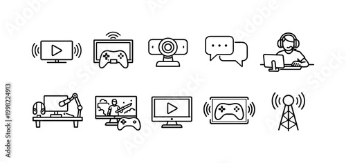 Collection of gaming and streaming icons including controllers, monitors, and broadcasting equipment