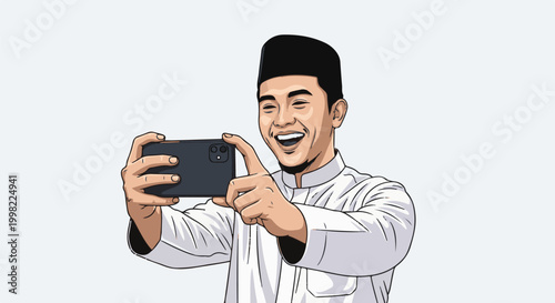Smiling man in traditional attire taking a selfie with a modern smartphone