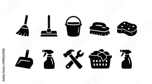 Collection of cleaning and household maintenance icons on a white background