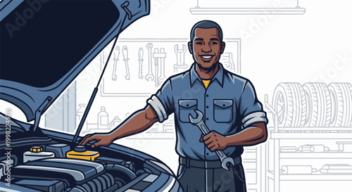 Smiling mechanic with wrench inspects engine, tools and tires in background