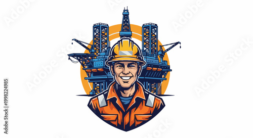 Smiling oil rig worker in hard hat and orange uniform