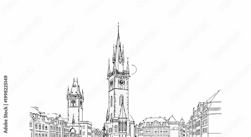 Fototapeta premium Sketch of old European town square with clock towers and buildings