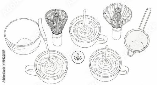 Sketch of matcha tea preparation tools and cups with whisked beverage