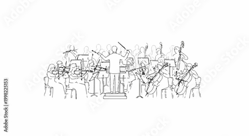 Sketch of orchestra members playing instruments with conductor leading