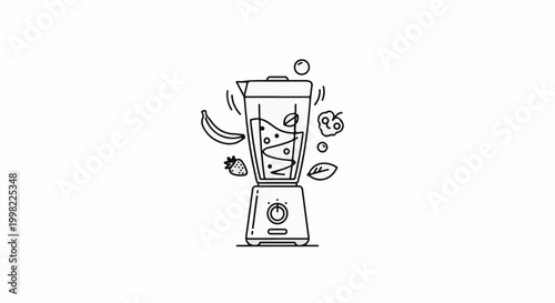 Simple line art of a blender creating a smoothie with fruits