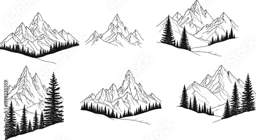 WebMountain landscape line art collection with pine trees and peaks isolated on white background for nature illustration, outdoor adventure, and scenic design