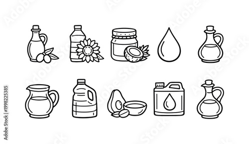 Collection of various cooking oils and ingredients in simple line art style