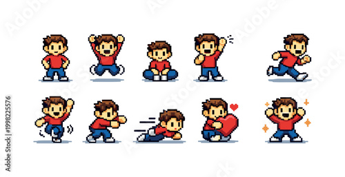 Pixel art boy character in various poses and actions for game development