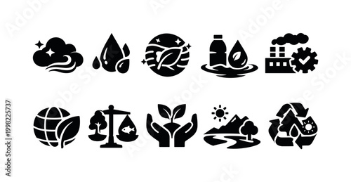 Set of icons representing environmental protection and sustainability concepts