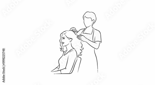 Stylist styles a client's long wavy hair in this simple line drawing