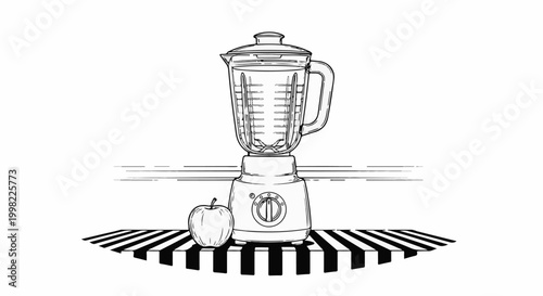 Sketch of a blender with an apple on a striped surface