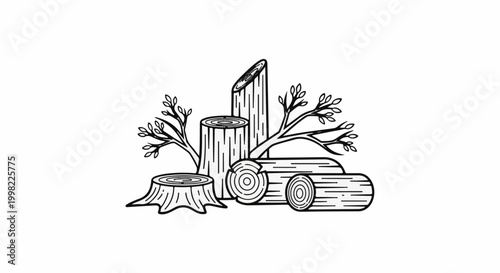 Stacked logs and tree stumps with branches and sparse leaves