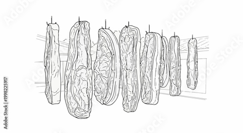 Several large cuts of meat hang to cure or dry in a rustic setting
