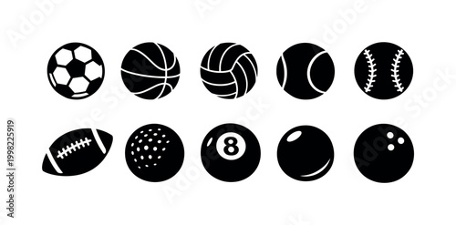 Collection of diverse sports balls and game equipment icons on a white background
