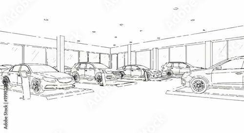 Sketch of a car dealership interior with multiple vehicles on display