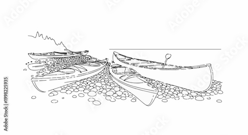Several kayaks and canoes rest on a pebbled shore by the water