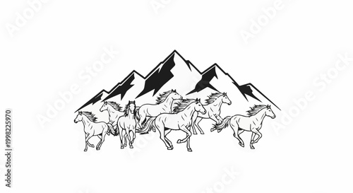Seven wild horses gallop across a mountainous landscape
