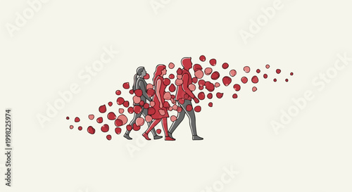 Silhouettes of three people walking, surrounded by scattered red petals