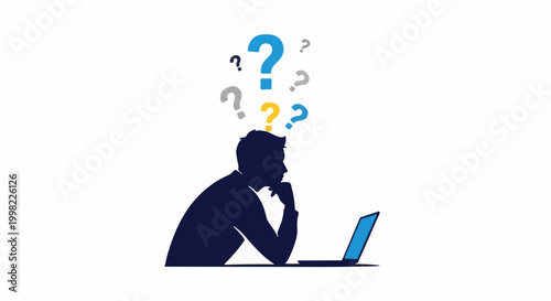 Silhouette of a person pondering questions while working on a laptop