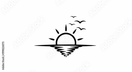 Silhouette of a setting sun casting reflections on water with birds flying