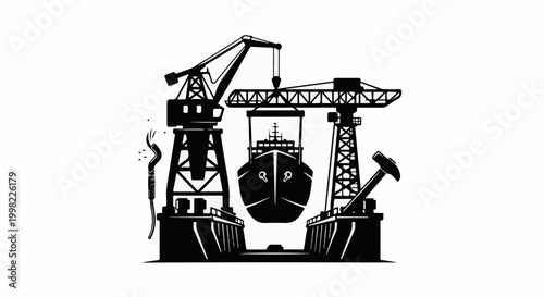 Silhouette of a ship in a dry dock with cranes and tools