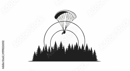 Silhouette of a paraglider soaring over a dense forest canopy under arches