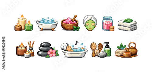 Pixel art spa and wellness icons for relaxation and self-care