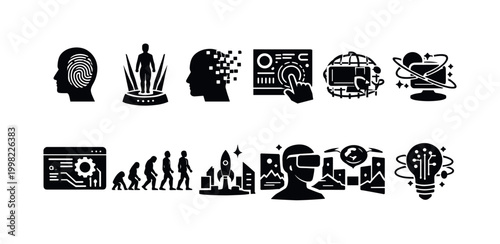 Collection of icons representing digital transformation and future technology concepts
