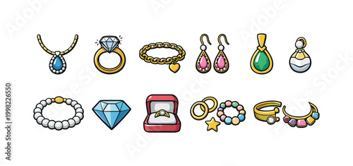 Collection of sparkling jewelry icons including rings, necklaces, earrings, and bracelets