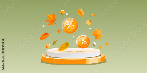 Orange podium with falling leaves and percentage signs 3d illustration