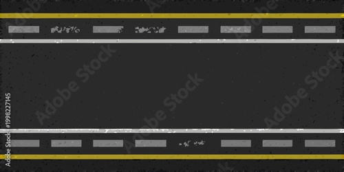 Asphalt road with yellow and white lane markings top down view