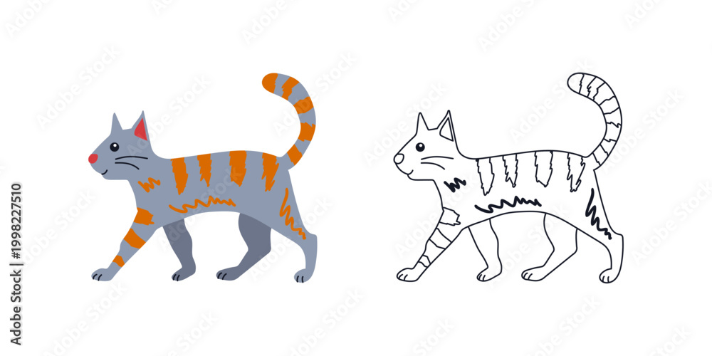 Obraz premium Colorful and Black Outline Versions Striped Domestic Kitty. Isolated on White Background. Hand Drawn Simple Pet Illustration