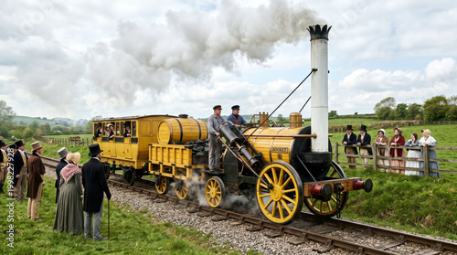 Stephenson's Rocket Steam Locomotive with Victorian Crowd, Early Railway History Scene