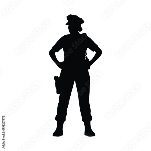 Female police officer silhouette icon vector flat design.