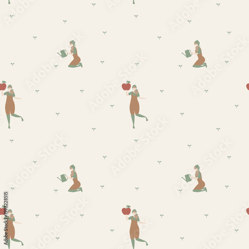 seamless minimal farm garden with girl, apple and sprouts, Pastel Nursery repeat pattern background, flat vector illustration graphic design