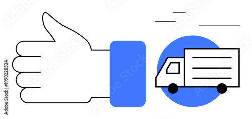 Logistics, delivery services, e-commerce, customer satisfaction, shipping, transportation. Thumbs up hand gesture beside a moving delivery truck icon. Logistics and delivery services concept
